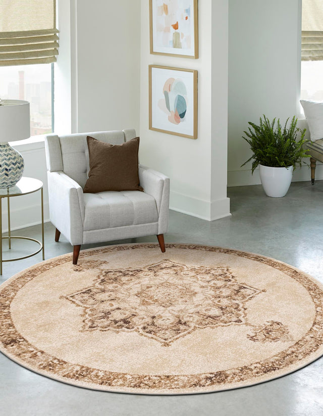 Beige 8' x 8' Utopia Round Area Rug Traditional Vintage Persian Inspired Vivid Color Durable Carpet for Unique Interiors for Sale at Rug Engine
