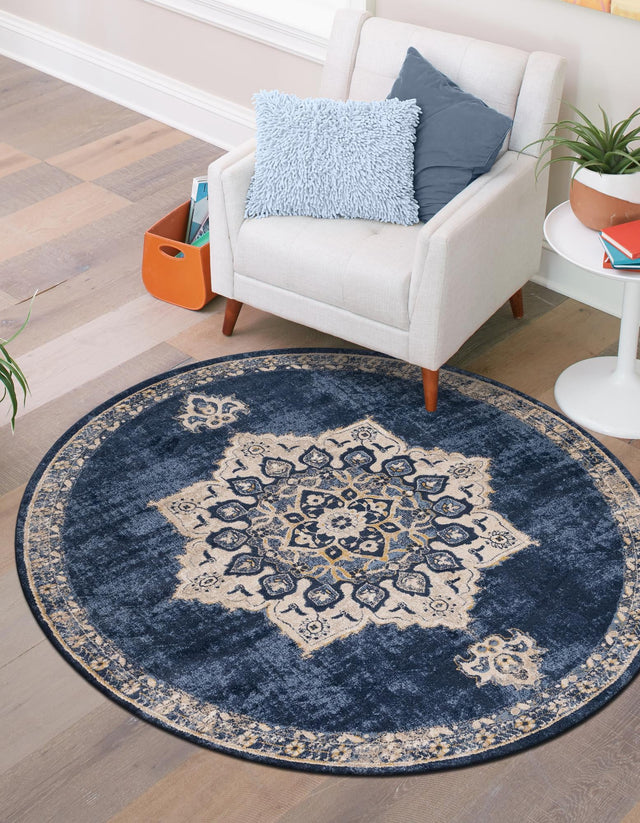 Navy Blue 4' x 4' Utopia Round Area Rug Traditional Vintage Persian Inspired Vivid Color Durable Carpet for Unique Interiors for Sale at Rug Engine