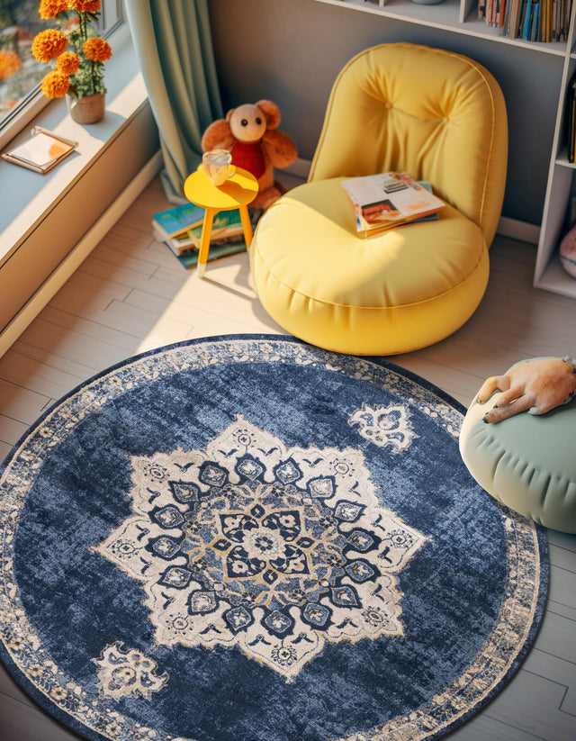 Navy Blue 4' x 4' Utopia Round Area Rug Traditional Vintage Persian Inspired Vivid Color Durable Carpet for Unique Interiors for Sale at Rug Engine