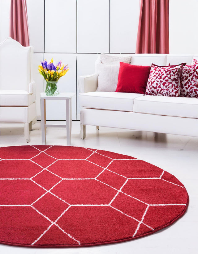 Red 7' 10 x 7' 10 Trellis Frieze Round Area Rug Geometric Modern Unique Stain Resistant Easy Clean Carpet for Living, Dining, Bedrooms, Office for Sale at Rug Engine