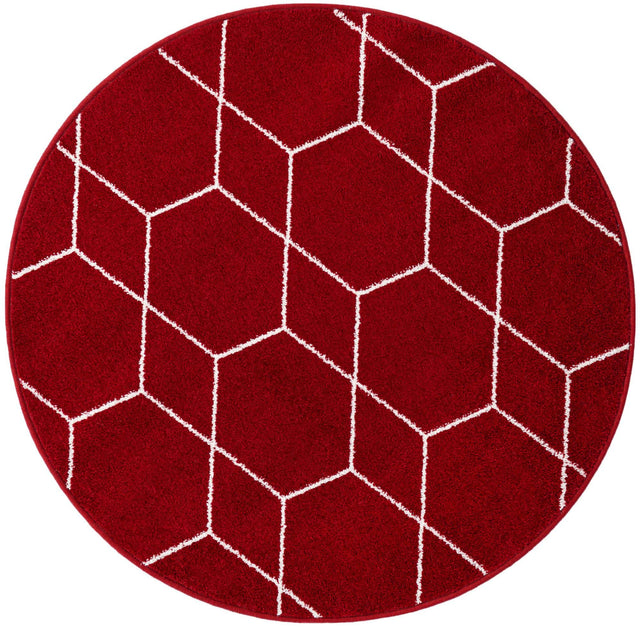 Red 4' 1 x 4' 1 Trellis Frieze Round Area Rug Geometric Modern Unique Stain Resistant Easy Clean Carpet for Living, Dining, Bedrooms, Office for Sale at Rug Engine