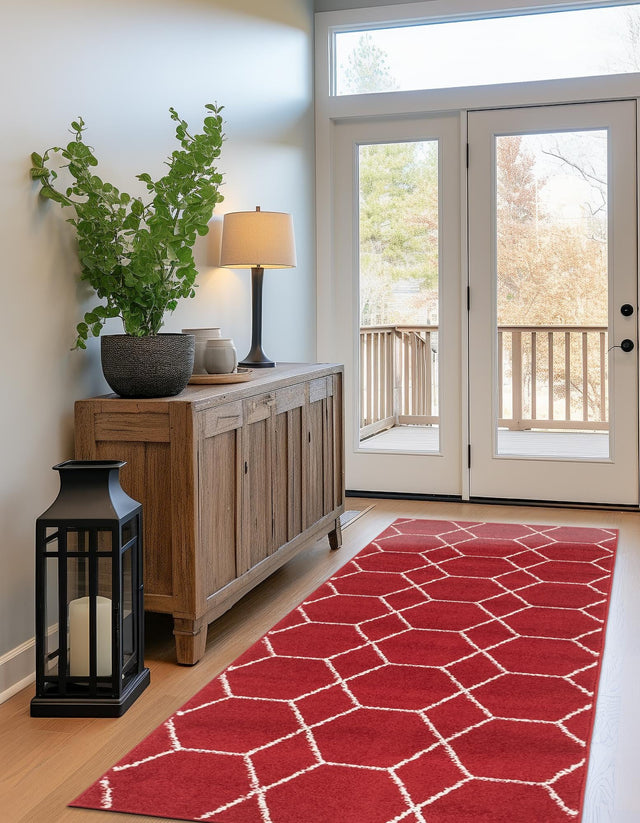 Red 2' x 9' Trellis Frieze Runner Area Rug Geometric Modern Unique Stain Resistant Easy Clean Carpet for Living, Dining, Bedrooms, Office for Sale at Rug Engine