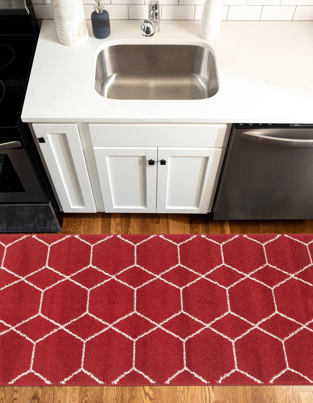 Red 2' 7 x 12' Trellis Frieze Runner Area Rug Geometric Modern Unique Stain Resistant Easy Clean Carpet for Living, Dining, Bedrooms, Office for Sale at Rug Engine