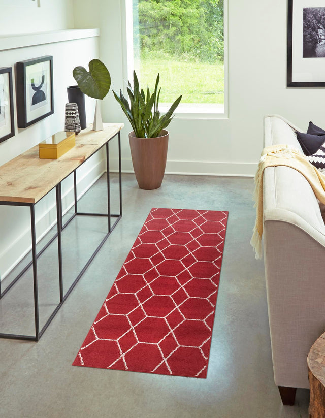 Red 2' x 6' 1 Trellis Frieze Runner Area Rug Geometric Modern Unique Stain Resistant Easy Clean Carpet for Living, Dining, Bedrooms, Office for Sale at Rug Engine