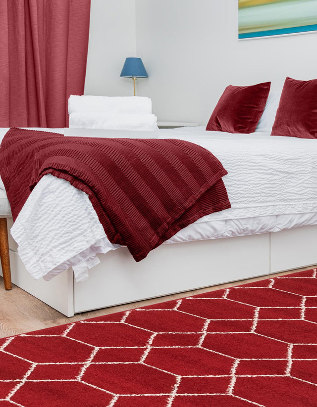 Red 2' x 9' Trellis Frieze Runner Area Rug Geometric Modern Unique Stain Resistant Easy Clean Carpet for Living, Dining, Bedrooms, Office for Sale at Rug Engine