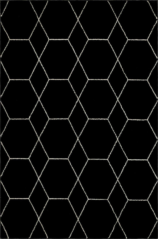 Black 6' 1 x 9' Trellis Frieze Rectangle Area Rug Geometric Modern Unique Stain Resistant Easy Clean Carpet for Living, Dining, Bedrooms, Office for Sale at Rug Engine