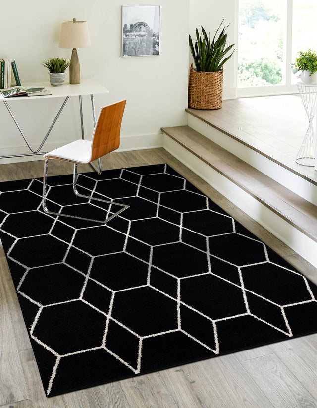 Black 2' x 3' 1 Trellis Frieze Rectangle Area Rug Geometric Modern Unique Stain Resistant Easy Clean Carpet for Living, Dining, Bedrooms, Office for Sale at Rug Engine