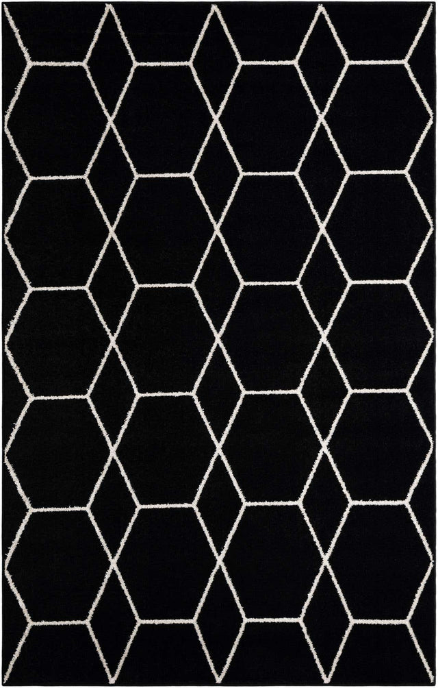 Black 5' 3 x 8' Trellis Frieze Rectangle Area Rug Geometric Modern Unique Stain Resistant Easy Clean Carpet for Living, Dining, Bedrooms, Office for Sale at Rug Engine