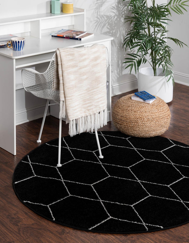 Black 12' x 12' Trellis Frieze Round Area Rug Geometric Modern Unique Stain Resistant Easy Clean Carpet for Living, Dining, Bedrooms, Office for Sale at Rug Engine