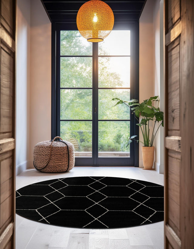 Black 12' x 12' Trellis Frieze Round Area Rug Geometric Modern Unique Stain Resistant Easy Clean Carpet for Living, Dining, Bedrooms, Office for Sale at Rug Engine
