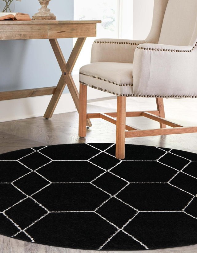 Black 5' 3 x 5' 3 Trellis Frieze Round Area Rug Geometric Modern Unique Stain Resistant Easy Clean Carpet for Living, Dining, Bedrooms, Office for Sale at Rug Engine