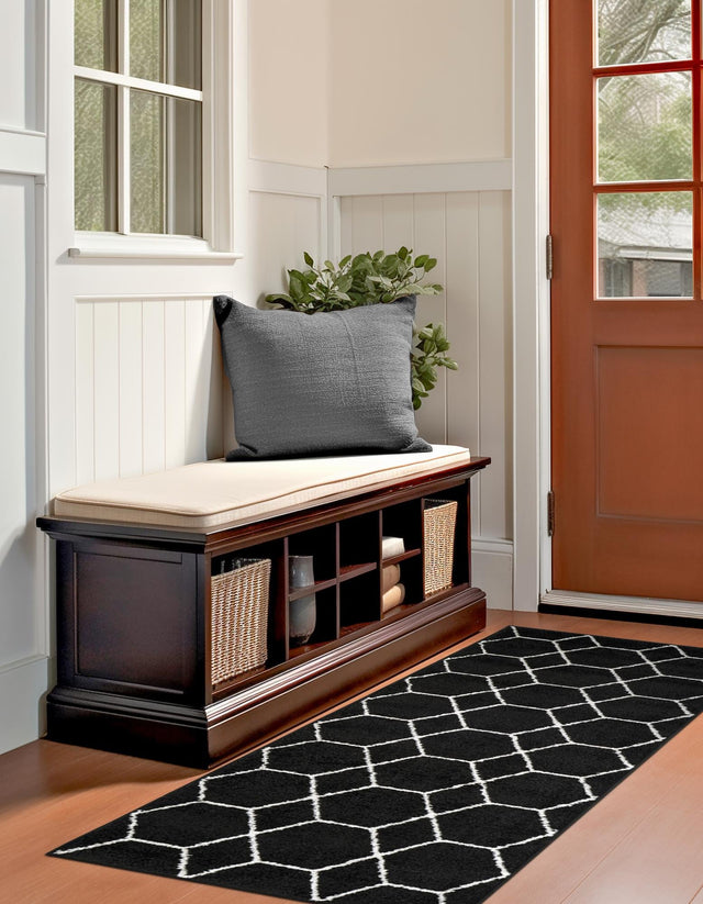 Black 2' x 6' 1 Trellis Frieze Runner Area Rug Geometric Modern Unique Stain Resistant Easy Clean Carpet for Living, Dining, Bedrooms, Office for Sale at Rug Engine