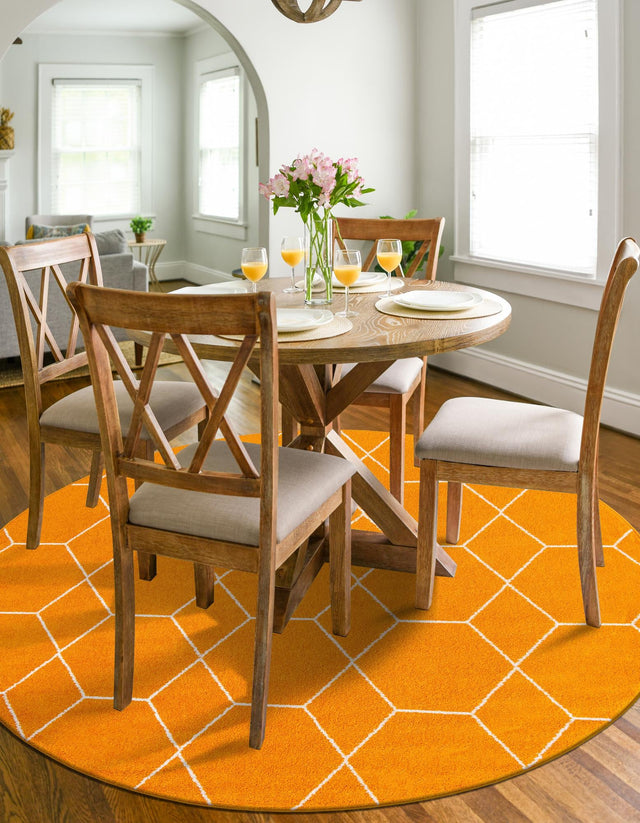 Orange 7' 10 x 7' 10 Trellis Frieze Round Area Rug Geometric Modern Unique Stain Resistant Easy Clean Carpet for Living, Dining, Bedrooms, Office for Sale at Rug Engine
