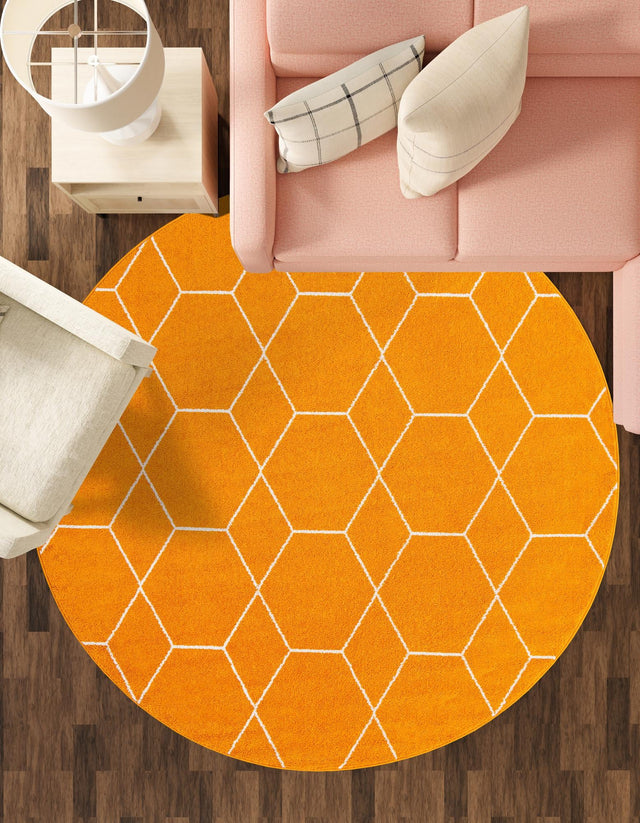 Orange 7' 10 x 7' 10 Trellis Frieze Round Area Rug Geometric Modern Unique Stain Resistant Easy Clean Carpet for Living, Dining, Bedrooms, Office for Sale at Rug Engine