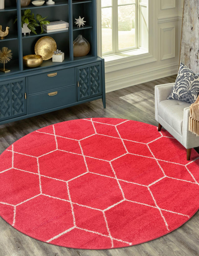 Pink 4' 1 x 4' 1 Trellis Frieze Round Area Rug Geometric Modern Unique Stain Resistant Easy Clean Carpet for Living, Dining, Bedrooms, Office for Sale at Rug Engine