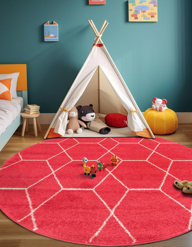 Pink 4' 1 x 4' 1 Trellis Frieze Round Area Rug Geometric Modern Unique Stain Resistant Easy Clean Carpet for Living, Dining, Bedrooms, Office for Sale at Rug Engine