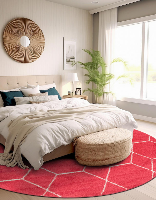 Pink 4' 1 x 4' 1 Trellis Frieze Round Area Rug Geometric Modern Unique Stain Resistant Easy Clean Carpet for Living, Dining, Bedrooms, Office for Sale at Rug Engine