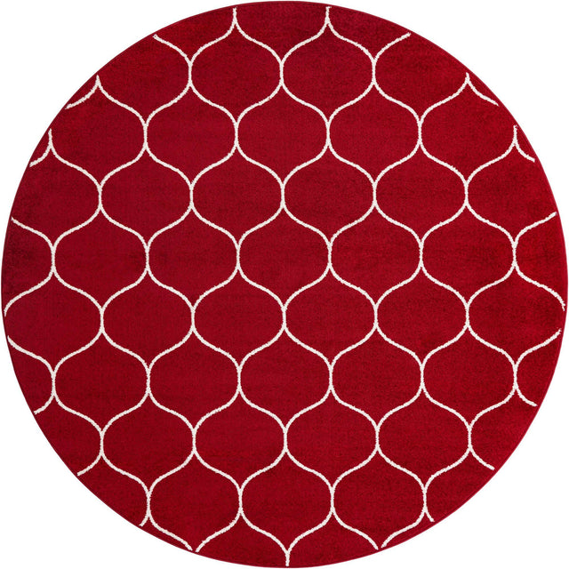 Red 7' 10 x 7' 10 Trellis Frieze Round Area Rug Geometric Modern Unique Stain Resistant Easy Clean Carpet for Living, Dining, Bedrooms, Office for Sale at Rug Engine