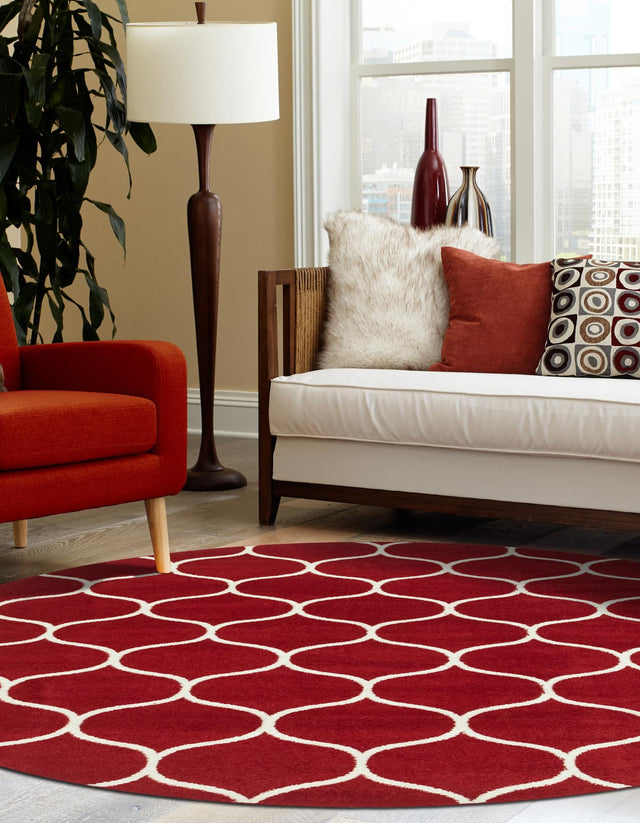 Red 7' 10 x 7' 10 Trellis Frieze Round Area Rug Geometric Modern Unique Stain Resistant Easy Clean Carpet for Living, Dining, Bedrooms, Office for Sale at Rug Engine