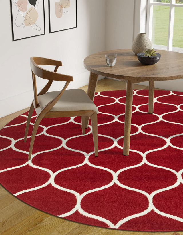 Red 4' 1 x 4' 1 Trellis Frieze Round Area Rug Geometric Modern Unique Stain Resistant Easy Clean Carpet for Living, Dining, Bedrooms, Office for Sale at Rug Engine
