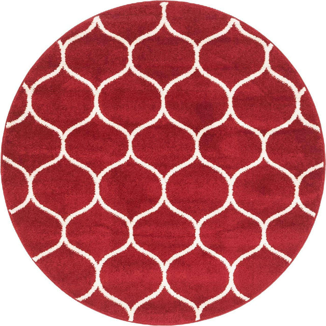 Red 4' 1 x 4' 1 Trellis Frieze Round Area Rug Geometric Modern Unique Stain Resistant Easy Clean Carpet for Living, Dining, Bedrooms, Office for Sale at Rug Engine