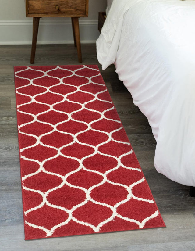 Red 2' x 13' 1 Trellis Frieze Runner Area Rug Geometric Modern Unique Stain Resistant Easy Clean Carpet for Living, Dining, Bedrooms, Office for Sale at Rug Engine
