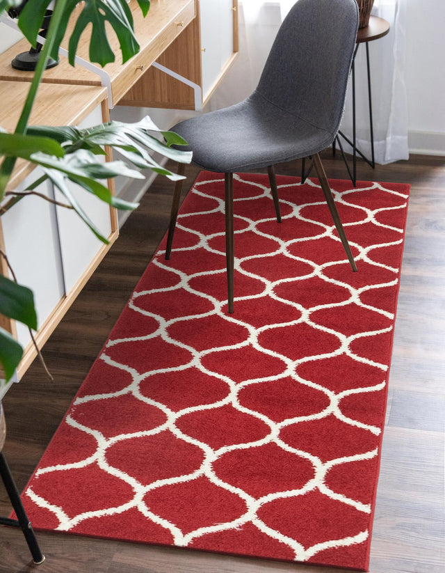Red 2' x 13' 1 Trellis Frieze Runner Area Rug Geometric Modern Unique Stain Resistant Easy Clean Carpet for Living, Dining, Bedrooms, Office for Sale at Rug Engine