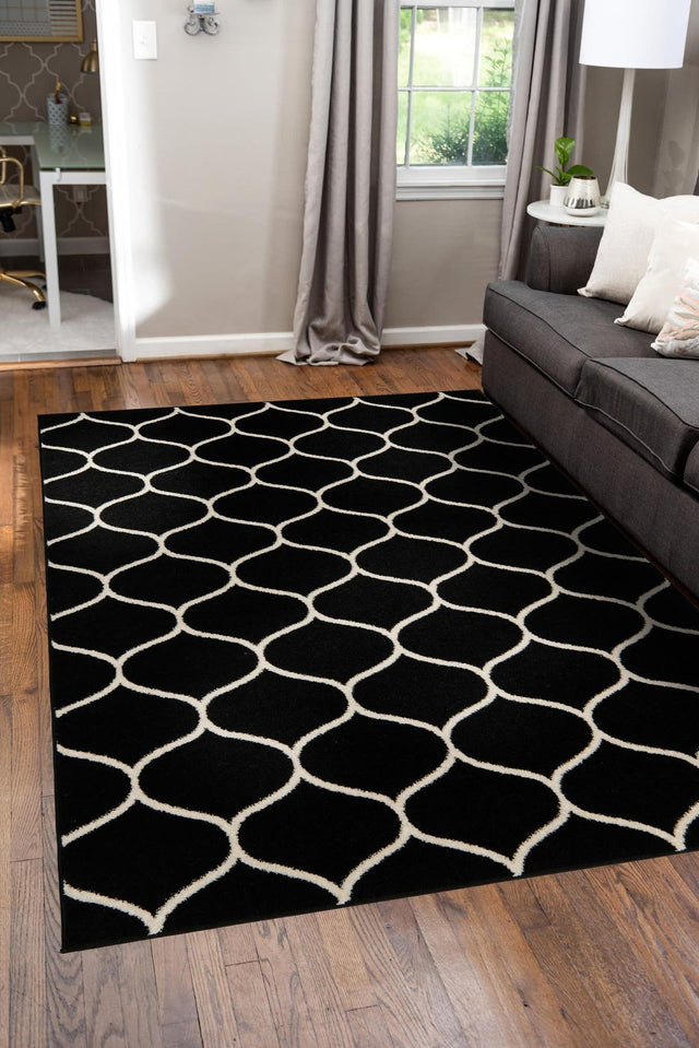 Black 4' 1 x 6' 1 Trellis Frieze Rectangle Area Rug Geometric Modern Unique Stain Resistant Easy Clean Carpet for Living, Dining, Bedrooms, Office for Sale at Rug Engine