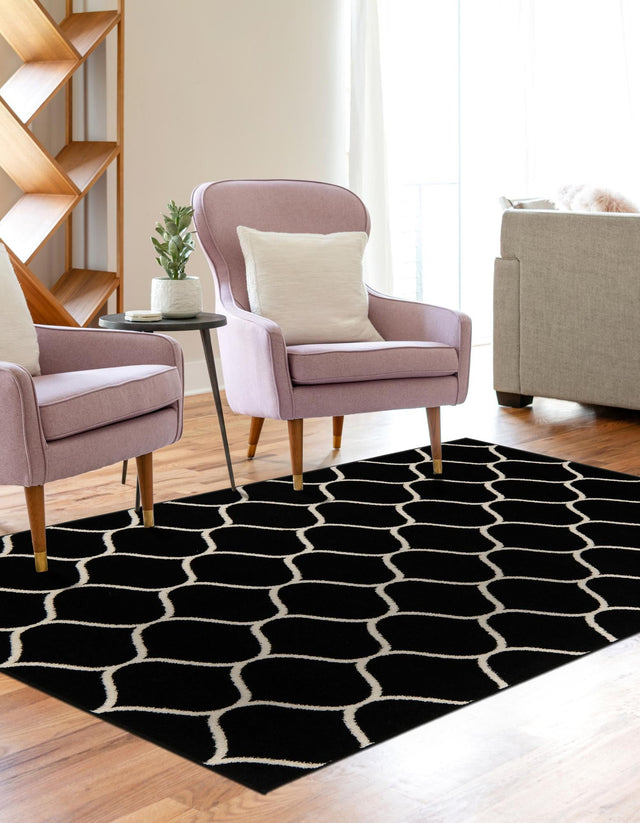 Black 4' 1 x 6' 1 Trellis Frieze Rectangle Area Rug Geometric Modern Unique Stain Resistant Easy Clean Carpet for Living, Dining, Bedrooms, Office for Sale at Rug Engine