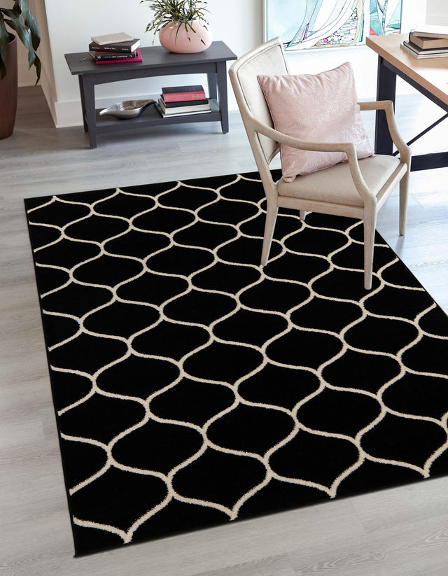 Black 4' 1 x 6' 1 Trellis Frieze Rectangle Area Rug Geometric Modern Unique Stain Resistant Easy Clean Carpet for Living, Dining, Bedrooms, Office for Sale at Rug Engine