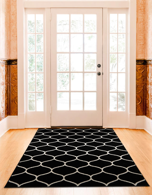Black 4' 1 x 6' 1 Trellis Frieze Rectangle Area Rug Geometric Modern Unique Stain Resistant Easy Clean Carpet for Living, Dining, Bedrooms, Office for Sale at Rug Engine