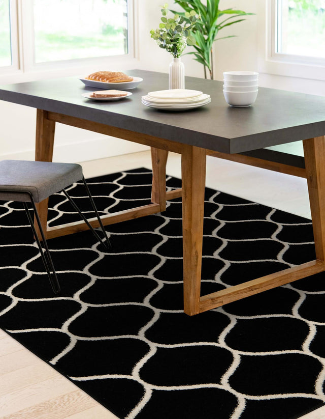 Black 4' 1 x 6' 1 Trellis Frieze Rectangle Area Rug Geometric Modern Unique Stain Resistant Easy Clean Carpet for Living, Dining, Bedrooms, Office for Sale at Rug Engine
