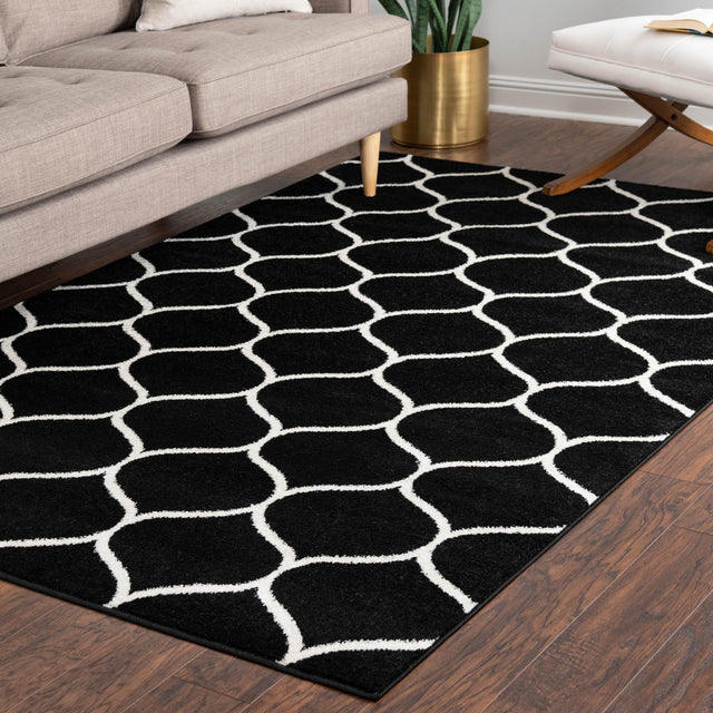 Black 9' x 12' Trellis Frieze Rectangle Area Rug Geometric Modern Unique Stain Resistant Easy Clean Carpet for Living, Dining, Bedrooms, Office for Sale at Rug Engine