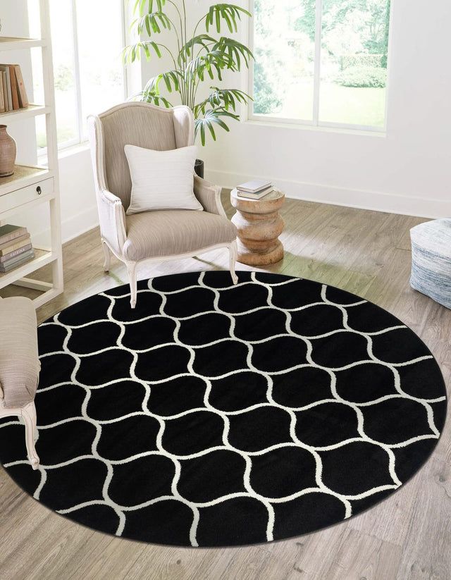 Black 5' 3 x 5' 3 Trellis Frieze Round Area Rug Geometric Modern Unique Stain Resistant Easy Clean Carpet for Living, Dining, Bedrooms, Office for Sale at Rug Engine