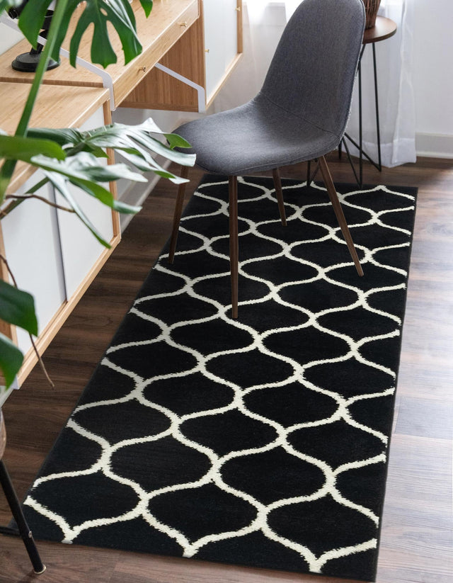 Black 2' x 13' 1 Trellis Frieze Runner Area Rug Geometric Modern Unique Stain Resistant Easy Clean Carpet for Living, Dining, Bedrooms, Office for Sale at Rug Engine