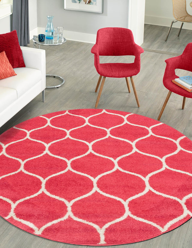Pink 4' 1 x 4' 1 Trellis Frieze Round Area Rug Geometric Modern Unique Stain Resistant Easy Clean Carpet for Living, Dining, Bedrooms, Office for Sale at Rug Engine