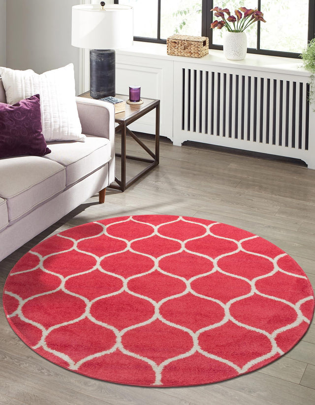 Pink 4' 1 x 4' 1 Trellis Frieze Round Area Rug Geometric Modern Unique Stain Resistant Easy Clean Carpet for Living, Dining, Bedrooms, Office for Sale at Rug Engine