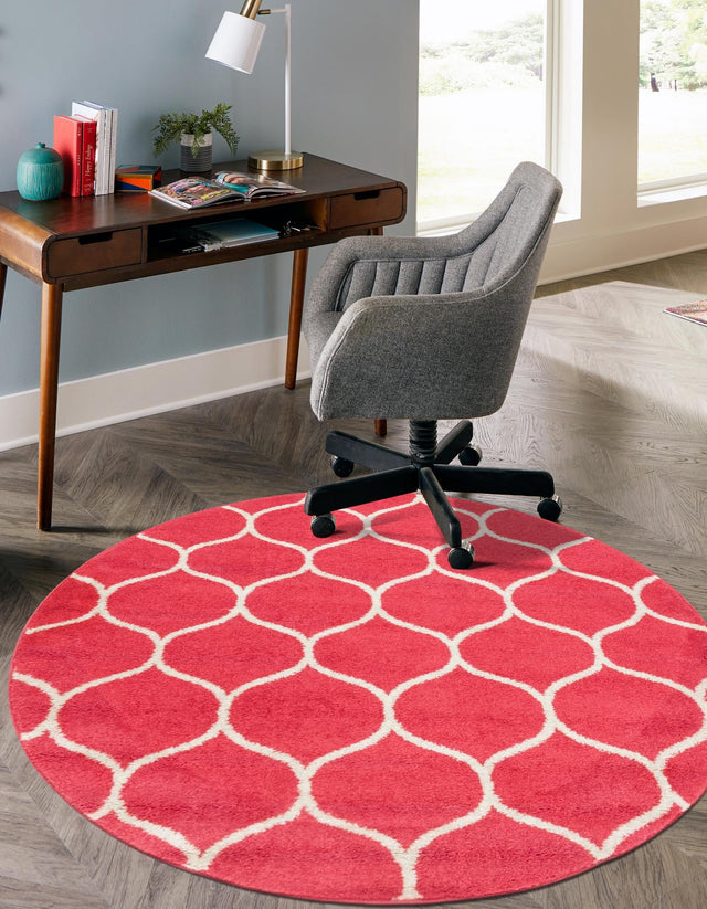 Pink 5' 1 x 5' 1 Trellis Frieze Round Area Rug Geometric Modern Unique Stain Resistant Easy Clean Carpet for Living, Dining, Bedrooms, Office for Sale at Rug Engine