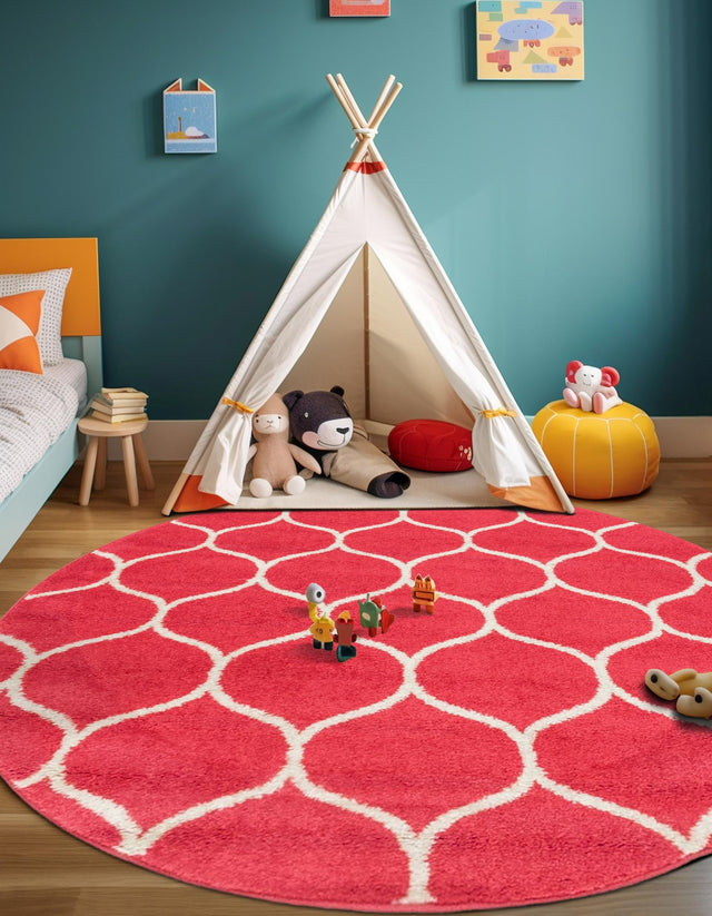 Pink 4' 1 x 4' 1 Trellis Frieze Round Area Rug Geometric Modern Unique Stain Resistant Easy Clean Carpet for Living, Dining, Bedrooms, Office for Sale at Rug Engine