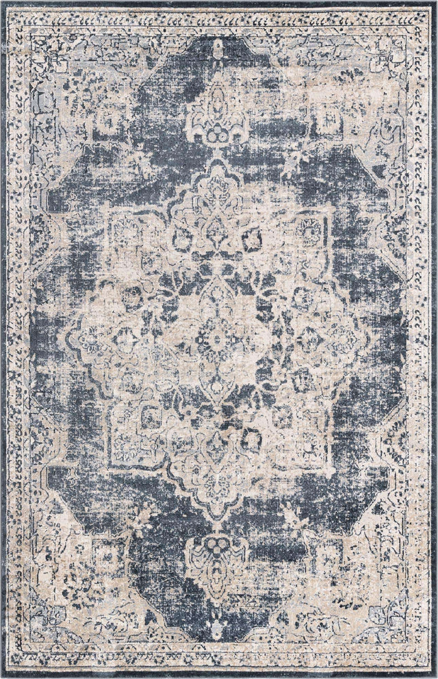 Navy Blue 6' 1 x 9' Chateau Rectangle Area Rug 85% Polypropylene & 15% Chenille With Cotton Backing Traditional Vintage Distressed Carpet for Classical Interior Design Decorating for Sale at Rug Engine