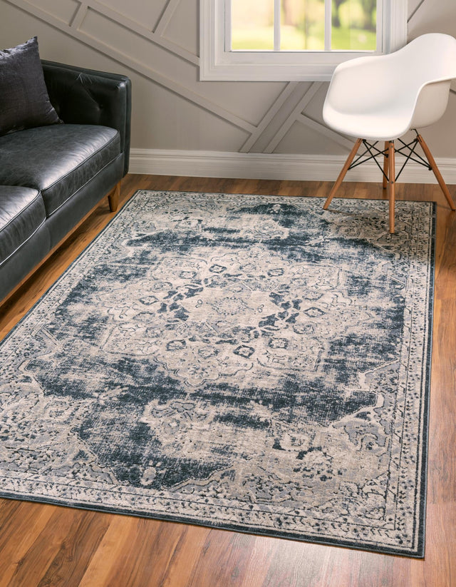 Navy Blue 5' 3 x 8' Chateau Rectangle Area Rug 85% Polypropylene & 15% Chenille With Cotton Backing Traditional Vintage Distressed Carpet for Classical Interior Design Decorating for Sale at Rug Engine