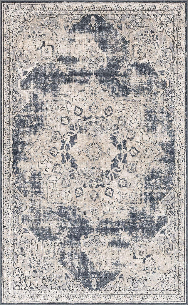 Navy Blue 5' 3 x 8' Chateau Rectangle Area Rug 85% Polypropylene & 15% Chenille With Cotton Backing Traditional Vintage Distressed Carpet for Classical Interior Design Decorating for Sale at Rug Engine
