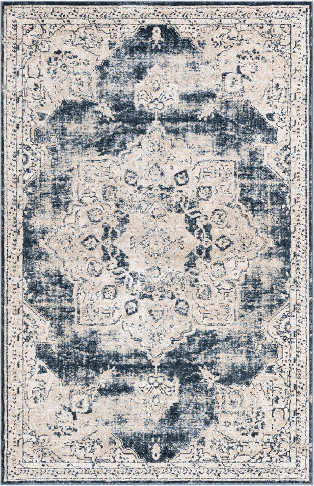 Navy Blue 4' 1 x 6' 1 Chateau Rectangle Area Rug 85% Polypropylene & 15% Chenille With Cotton Backing Traditional Vintage Distressed Carpet for Classical Interior Design Decorating for Sale at Rug Engine