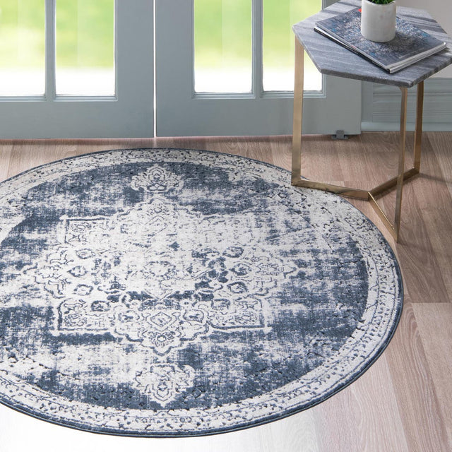 Navy Blue 4' 1 x 4' 1 Chateau Round Area Rug 85% Polypropylene & 15% Chenille With Cotton Backing Traditional Vintage Distressed Carpet for Classical Interior Design Decorating for Sale at Rug Engine