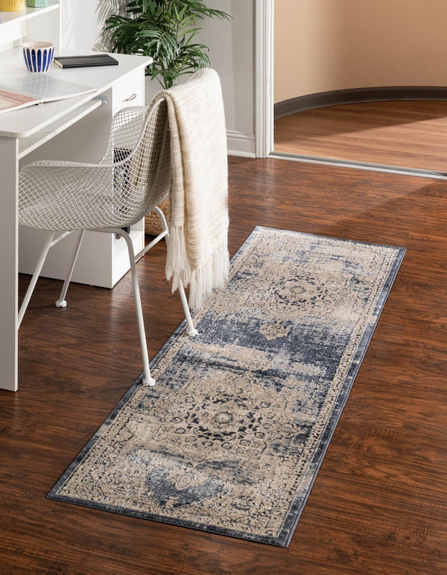 Navy Blue 2' x 6' 9 Chateau Runner Area Rug 85% Polypropylene & 15% Chenille With Cotton Backing Traditional Vintage Distressed Carpet for Classical Interior Design Decorating for Sale at Rug Engine