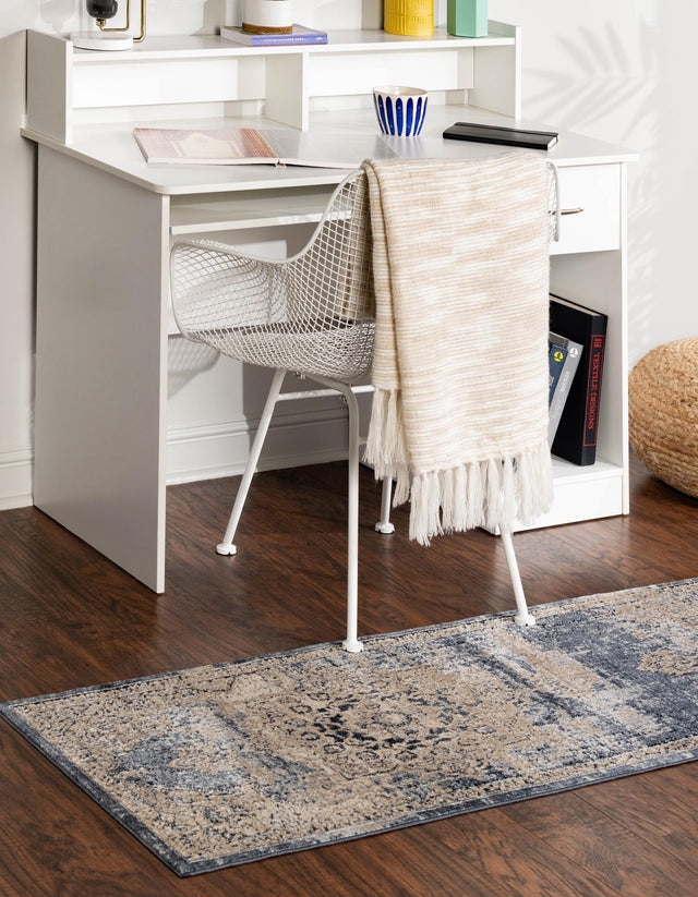 Navy Blue 2' x 6' 9 Chateau Runner Area Rug 85% Polypropylene & 15% Chenille With Cotton Backing Traditional Vintage Distressed Carpet for Classical Interior Design Decorating for Sale at Rug Engine