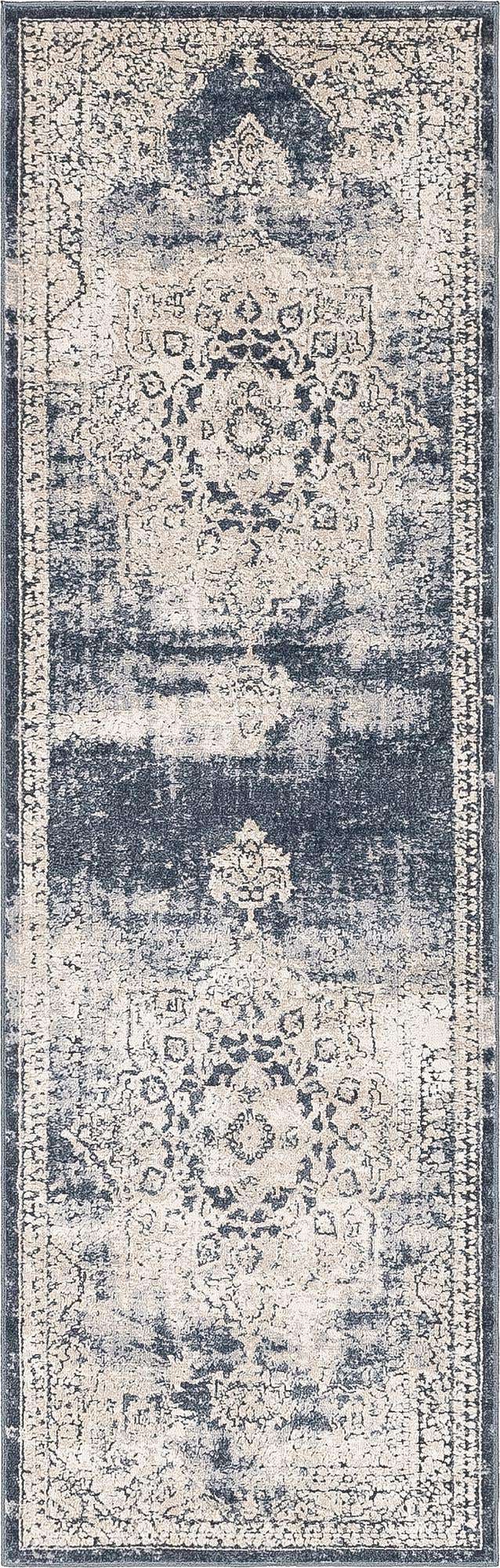 Navy Blue 2' x 6' 9 Chateau Runner Area Rug 85% Polypropylene & 15% Chenille With Cotton Backing Traditional Vintage Distressed Carpet for Classical Interior Design Decorating for Sale at Rug Engine