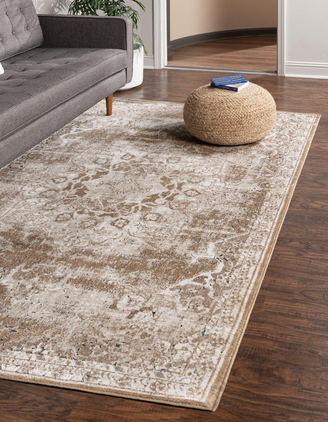 Khaki 4' 1 x 6' 1 Chateau Rectangle Area Rug 85% Polypropylene & 15% Chenille With Cotton Backing Traditional Vintage Distressed Carpet for Classical Interior Design Decorating for Sale at Rug Engine