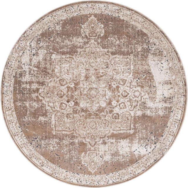 Khaki 4' 1 x 4' 1 Chateau Round Area Rug 85% Polypropylene & 15% Chenille With Cotton Backing Traditional Vintage Distressed Carpet for Classical Interior Design Decorating for Sale at Rug Engine