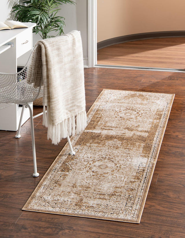Khaki 2' x 6' 9 Chateau Runner Area Rug 85% Polypropylene & 15% Chenille With Cotton Backing Traditional Vintage Distressed Carpet for Classical Interior Design Decorating for Sale at Rug Engine